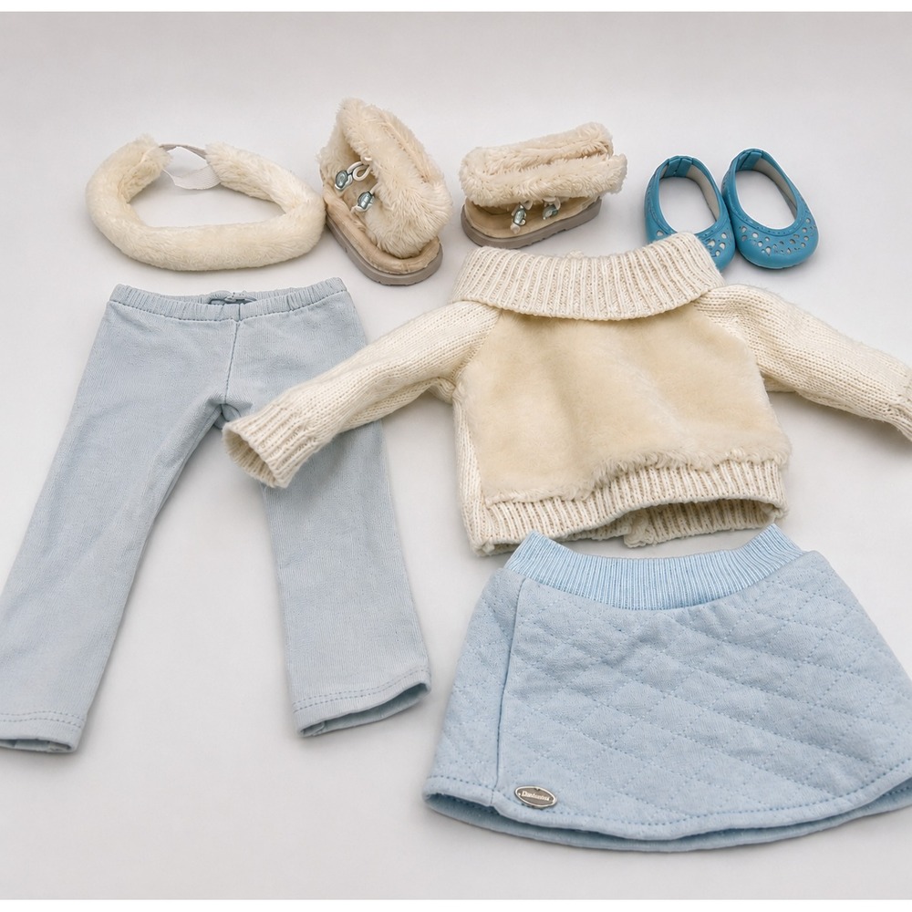 American Girl Doll Enchanting Winter Outfit Sweater Blue Skirt Pants‎ 2016 Lot